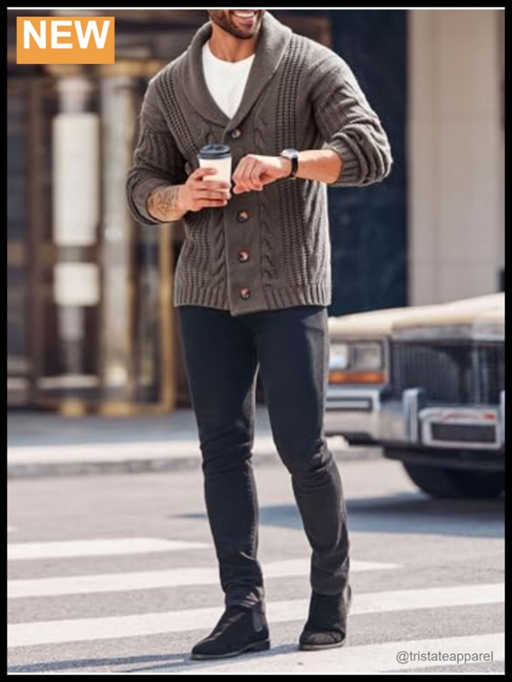 Mens Cable Knit Cardigan Sweater Shawl Collar Loose Fit